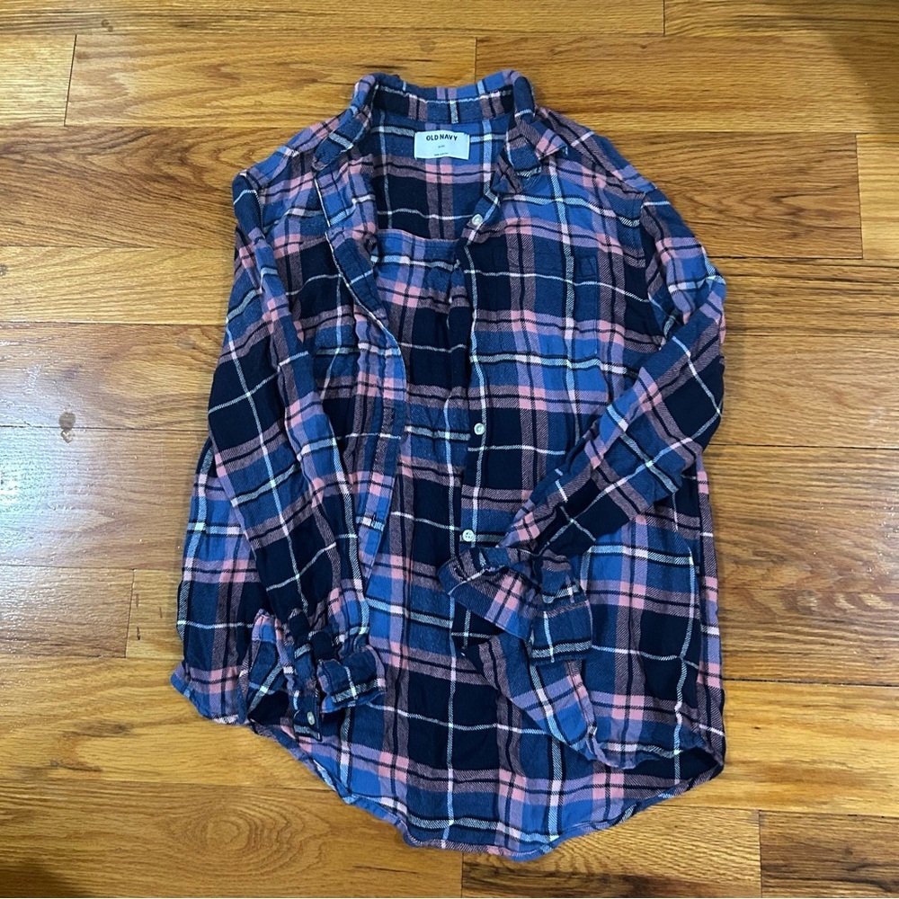 Old Navy girls XL 14 Blue and Pink Plaid Button-Up Shirt cotton soft LIKE NEW